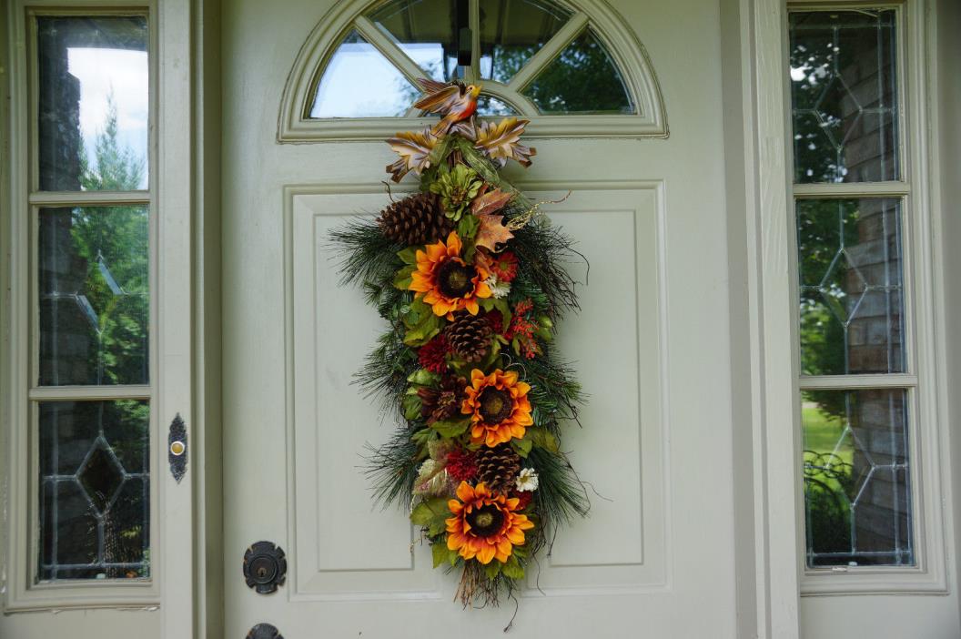 Autumn Fall Wedding Long Wreath Sunflowers Antique Carved Bird Door Hanging