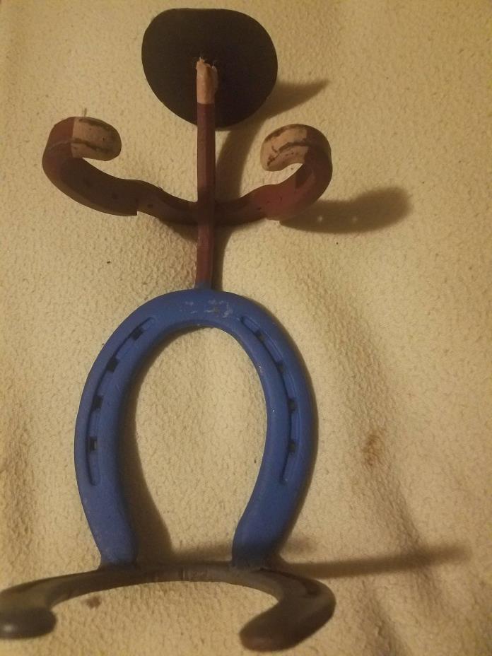 Rustic Horseshoe Folk Art Metal Sculpture Cowboy  blue pants, blk hat so cool