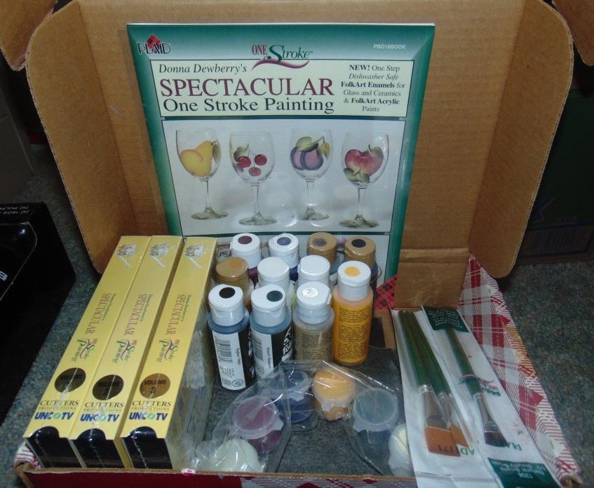 Donna Dewberry One Stroke Painting Kit Brushes Acrylic Paint 3 VHS Tapes For Gla