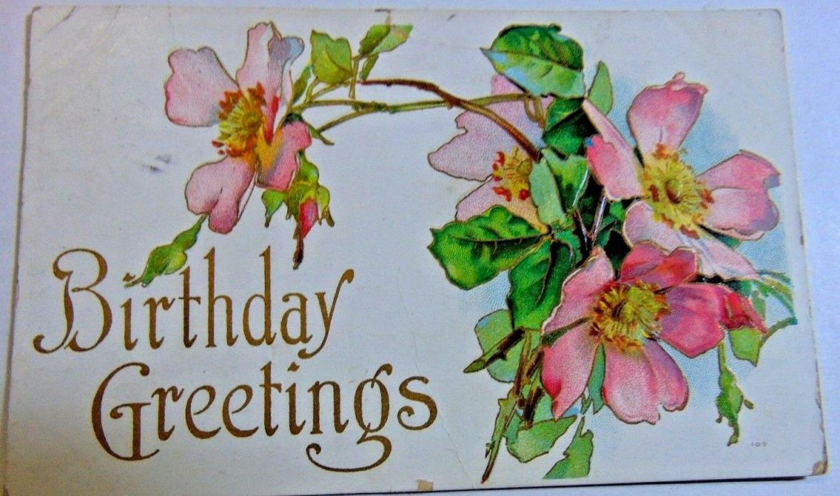 ?BIRTHDAY CARD VINTAGE ANTIQUE DIE CUT FLOWER VICTORIAN OLD SCRAP BOOK EMBELLISH