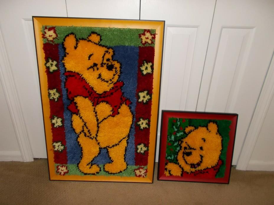2 Winnie The Pooh COMPLETED and FRAMED Latch Hook Wall Hangings 32