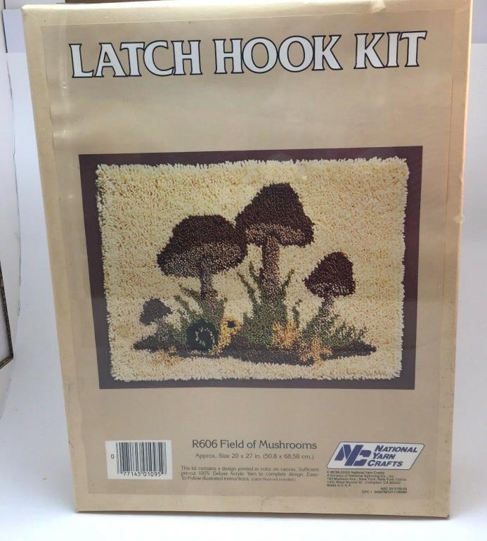 Vintage National Yarn Crafts Latch Rug Hook Kit  20 x 27 Field Of Mushrooms 1983