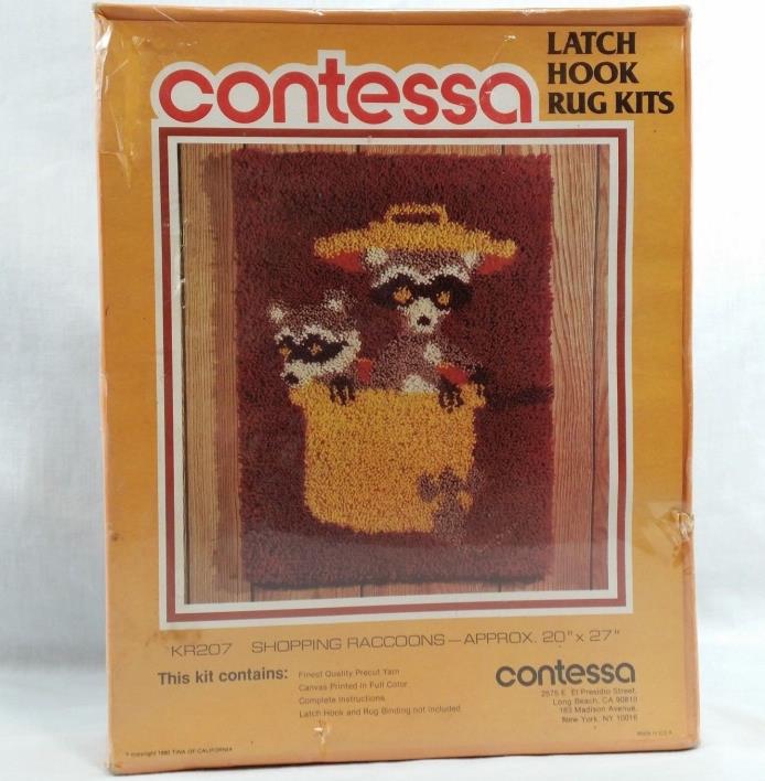 Vintage Raccoon Latch Hook Rug Kit Trash Panda Shopping Brown Orange 80s Kitsch