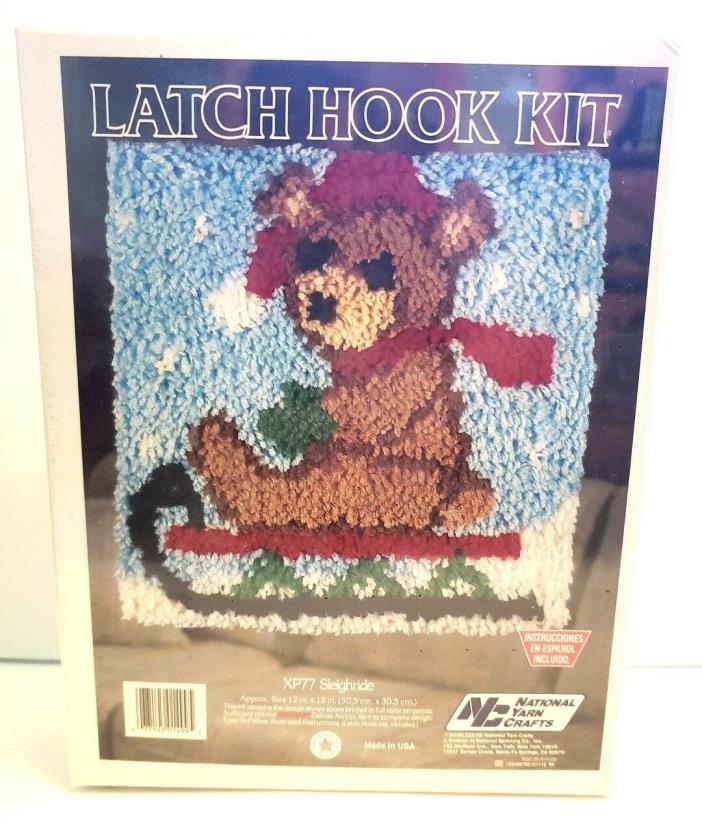VTG National Yarn Latch Hook Rug Kit Sealed Box Sleighride Christmas Bear XP77