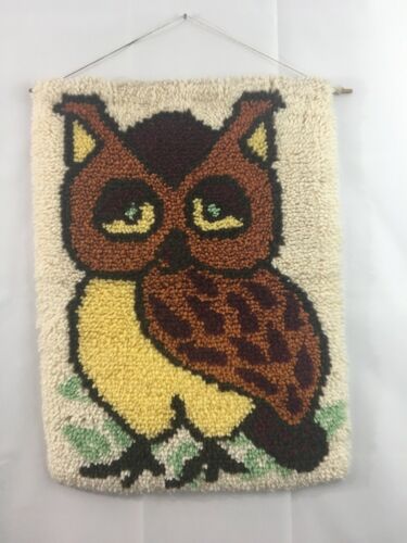 Vintage Owl Latch Hook Rug Wall Hanging Retro Decor Mcm 26x20 Large Prop