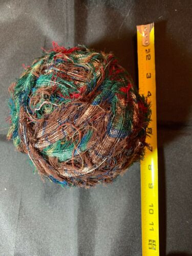 Green And Maroon  Cloth Fabric Strip Old Rag Rug Ball - 6 Inch 10 .7 Ounces