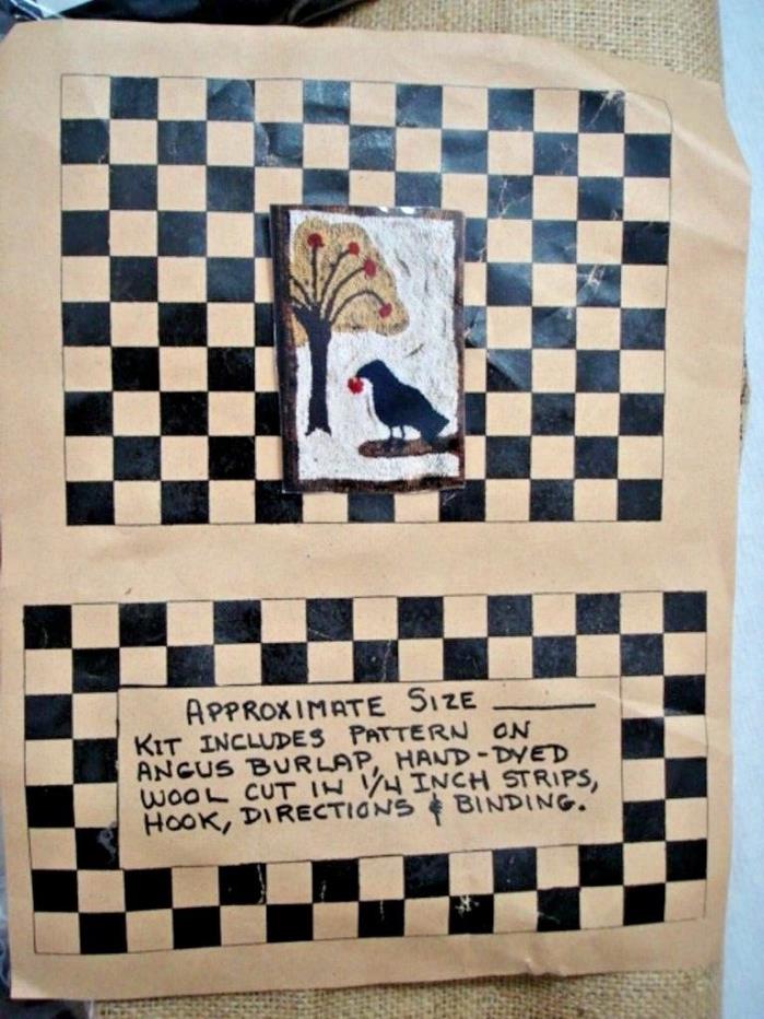 CROW WITH APPLE TREE Primitive Rug Hooking Kit Complete Incl Hook Finished 12x18