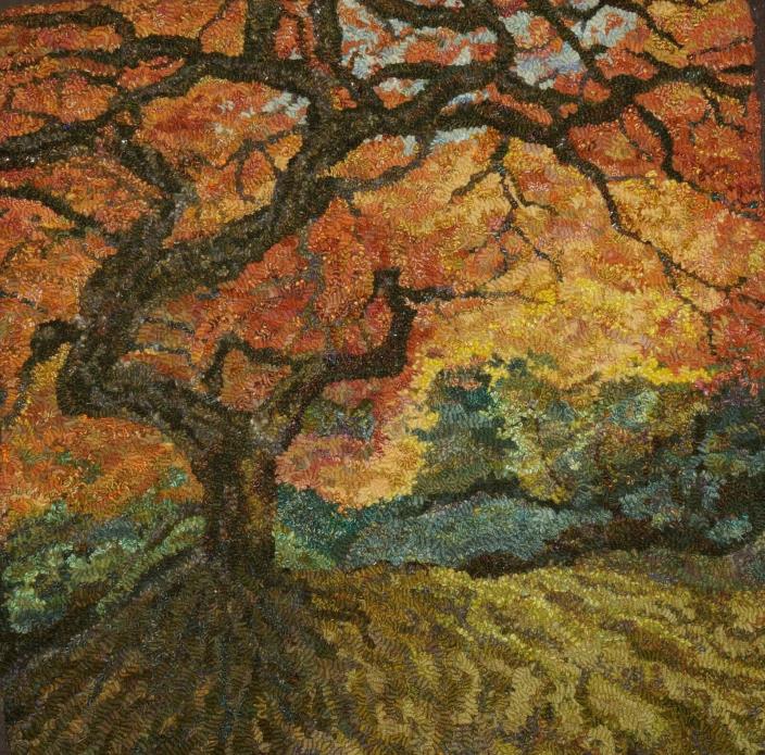 Fall Tree Rug Hooking complete kit with linen, hand dyed wool and yarn & picture