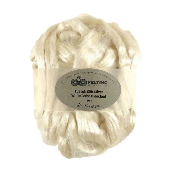 Tussah Silk Sliver Bleached White for Felting, Spinning, Weaving, Fiber Crafts
