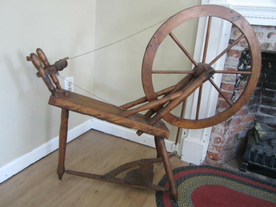 Antique 19th C. Saxony Spinning Wheel with Bobbin Spool Flyer Spindle Peddle