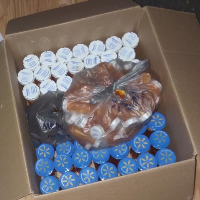 270 empty medicine pill bottles of ALL SIZES Orange with both blue & white lids.