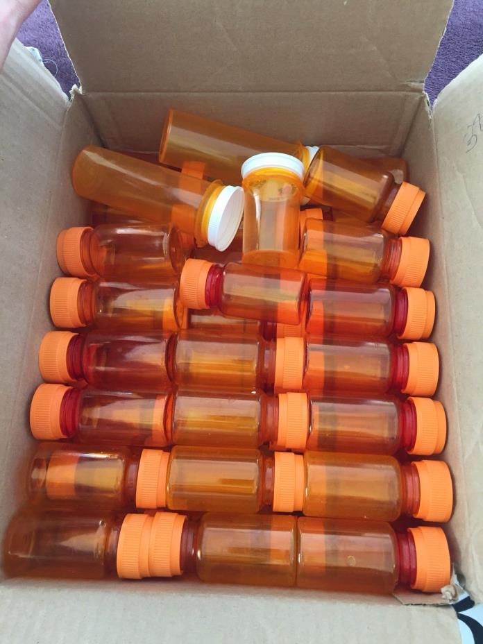Lot 44 Empty Rx Medicine Amber Plastic Pill Bottles Safety Caps