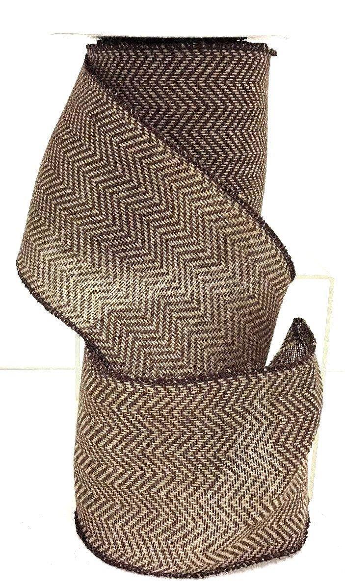 Herringbone Design Wired Edge Fabric Ribbon~Brown~4