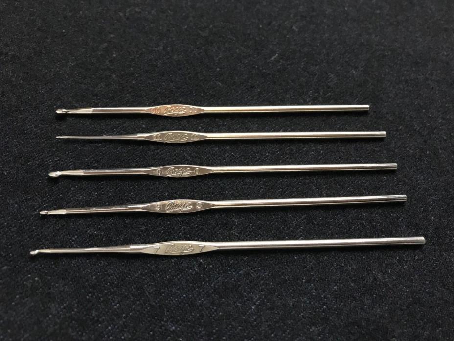 Set of 5 Vintage Boye Metal Crochet Hooks Needles Sizes 0, 00, 3, 7 and 11