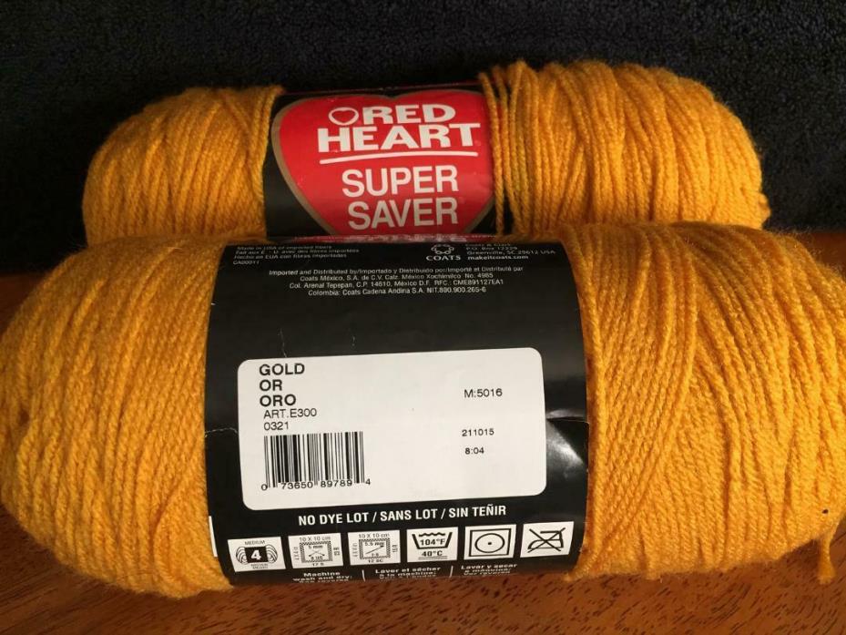 2 Skeins of Red Heart Super Saver Yarn 7oz. color Gold (oro)