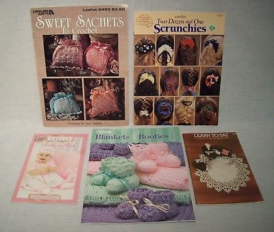 #620  5 BOOKS - CROCHET SACHETS, BOOTIES, SCRUNCHIES, BABY ITEMS - LEARN TO TAT