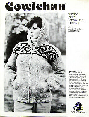 Knitting Pattern Jacket Cowichan Sz 36 38 40 Hood Zipper Loose Fit Misses #19