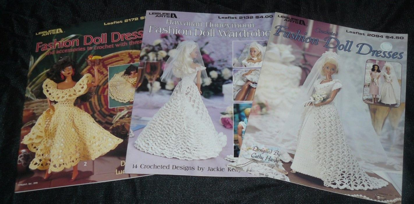 Lot of 3 Leisure Arts Crochet Pattern Books Leaflets Fashion Doll Dresses More