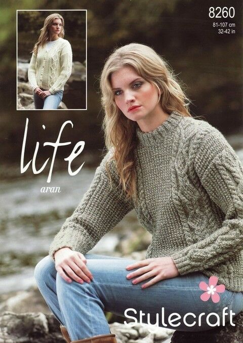 Stylecraft Life Aran Yarn 8260 Pullover Sweater and Cardigan Knitting Pattern