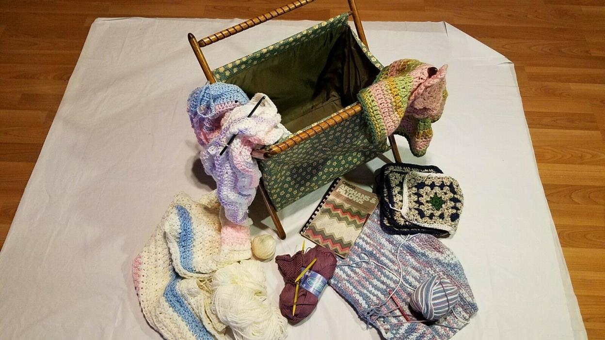 Vintage Knitting Stand Up Bag / Basket - Foldable Wood Frame - Bonus Items