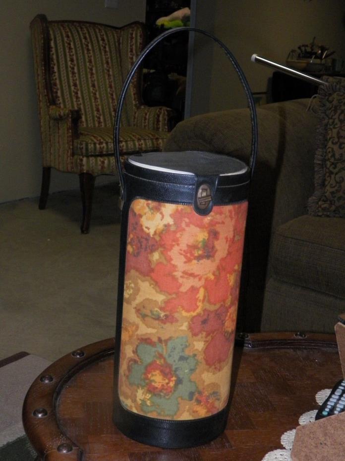 VINTAGE Knitting YARN Sewing CANISTER CASE TOTE Orange Floral RETRO COLORS