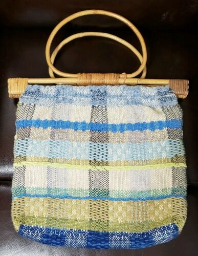 Vintage Craft Sewing Knitting Bag Purse Wooden Bamboo Handles Lined