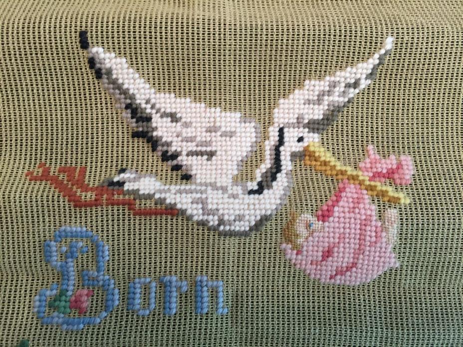Vintage Needlepoint Birth Announcement Girls PreWorked Dritz Scovill 13