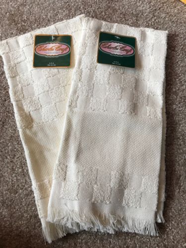 2 CHARLES CRAFT COTTON ECRU CHECKERED CROSS STITCH TOWELS NWT