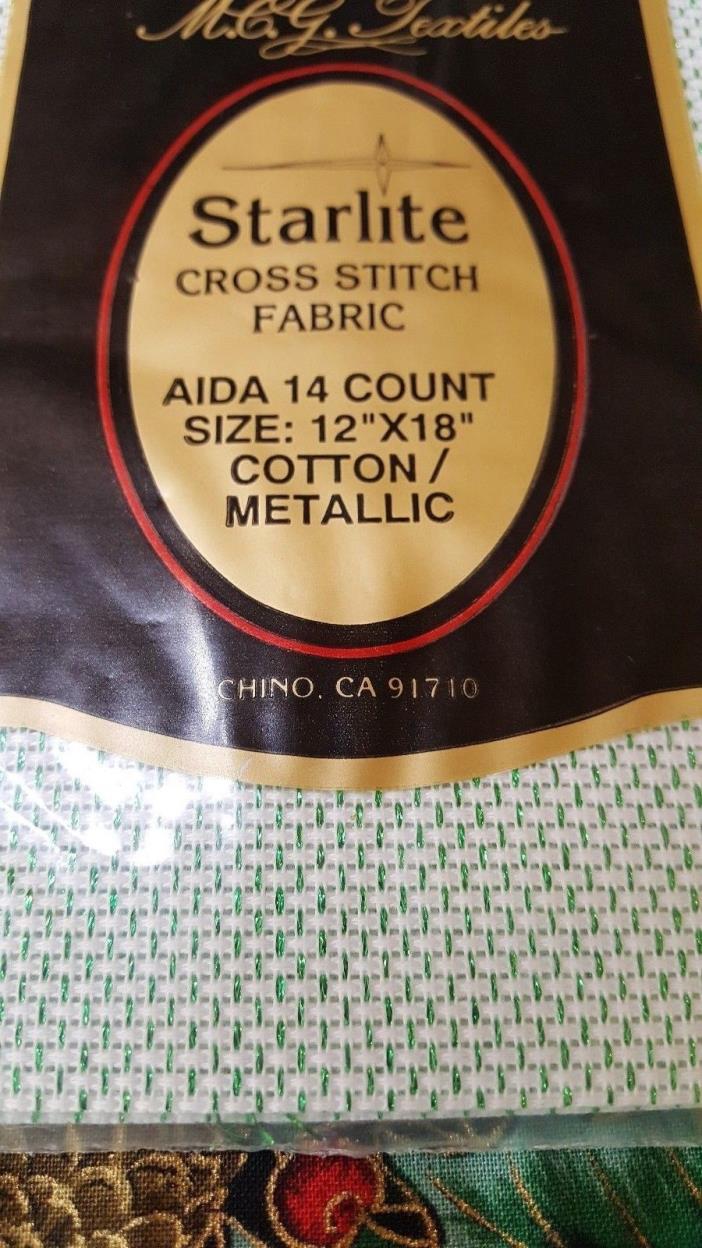 Starlite Cross Stitch Fabric 14 Count Aida 12 x 18” Metallic Green White NIP