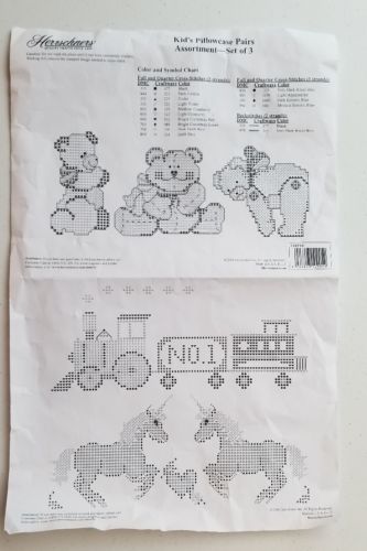 Herrschners Stamped Cross-Stitch Kids' 3 Pillowcases Teddy Bears Unicorn Train