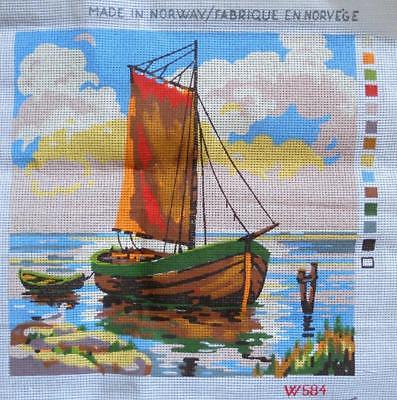 Vintage Unworked Needlework Canvas ~ SAILBOAT WATER SCENE ~  MADE IN NORWAY W584