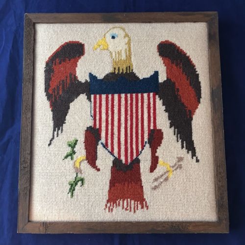 Vintage Bald Eagle Needlepoint Tapestry Patriotic Decor Americana Wall Art AAFA