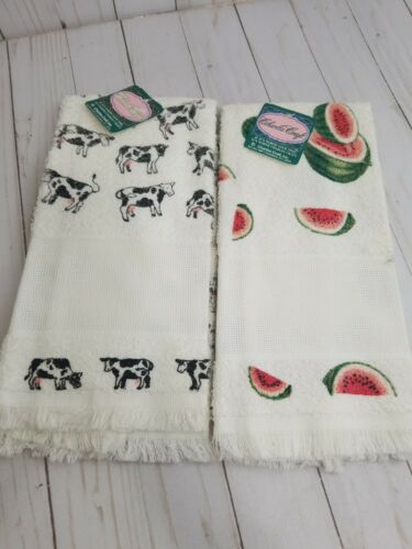 2 Charles Craft Printed Towels Band Cross Stitch Cow and Watermelon Read details