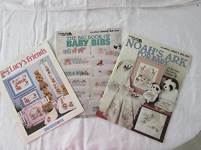 3 Cross Stitch Pattern Booklets Baby Bibs, Noah's Ark, Lucy's Friends, Blanket