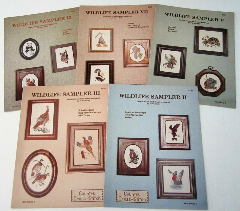 Lot of 5 Vintage WILDLIFE SAMPLER Counted X Stitch Leaflets EAGLE Quail RACCOON