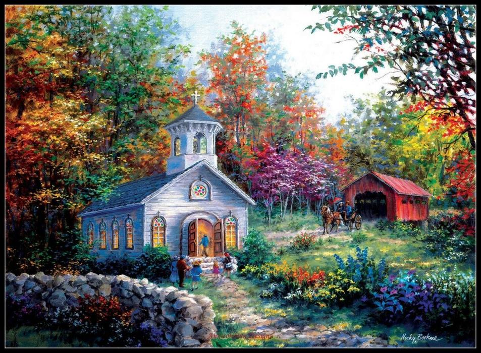 Worship in Countryside - DIY Chart Counted Cross Stitch Patterns Needlework