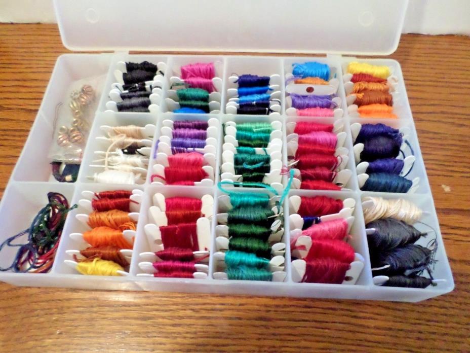 LOT OF 87 CARDED  EMBROIDERY FLOSS IN  ORGANIZER PLASTIC STORAGE CASE