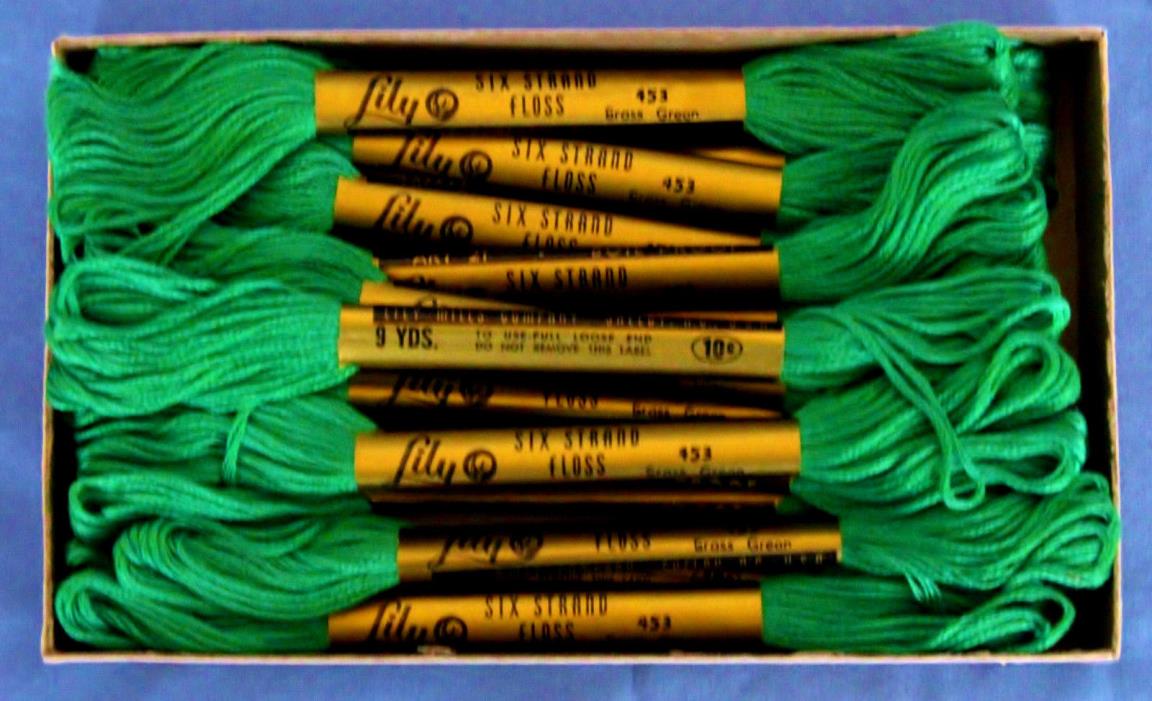 Vtg Lily Boil Proof 6 Strand Embroidery Floss-16 Skein Box 453-Grass Green VNC