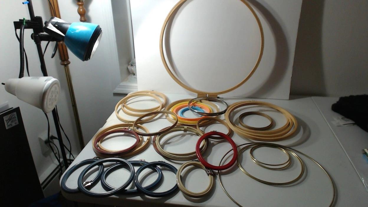 Huge Lot of 32 Vintage Embroidery Quilting Hoops Round Oval Metal Wood Plastic