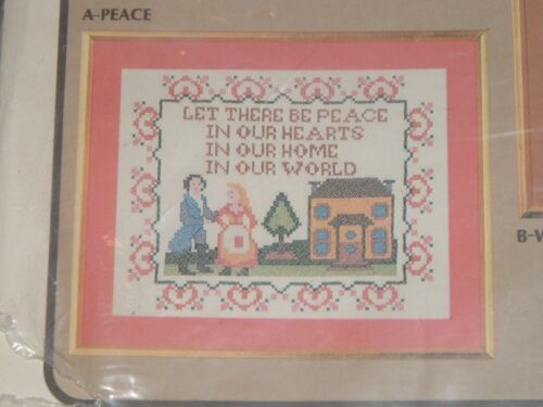 Vtg 70s Vogart Stamped Cross Stitch Sampler Peace Hearts Home World 11x14 #lk4