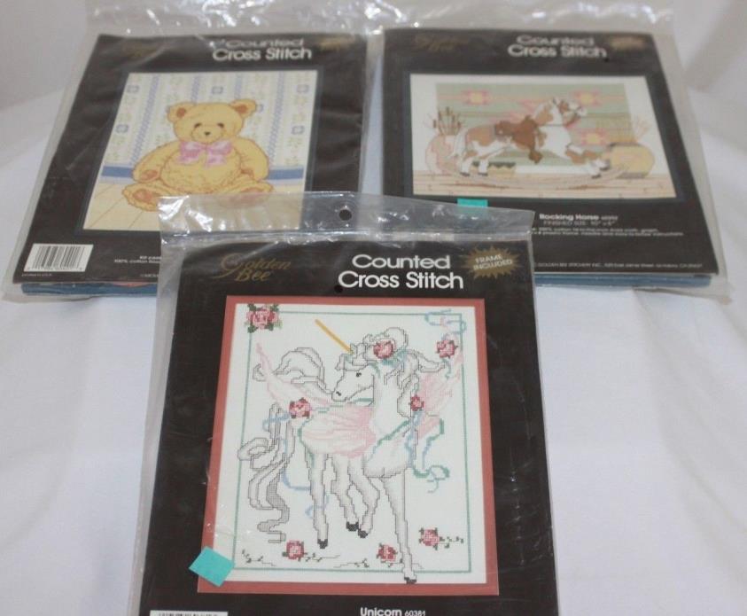LOT of 3 Golden Bee Counted Cross-Stitch Kits Unicorn Teddy Bear Rocking Horse