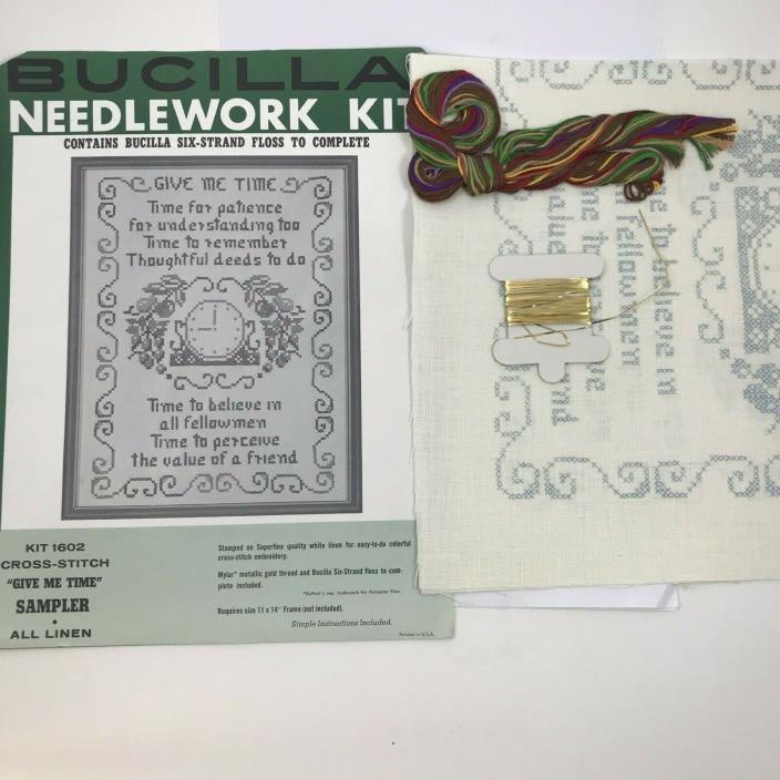 Vtg Bucilla Sampler Kit 1602 Give Me Time Cross Stitch Linen Needlework New '60s