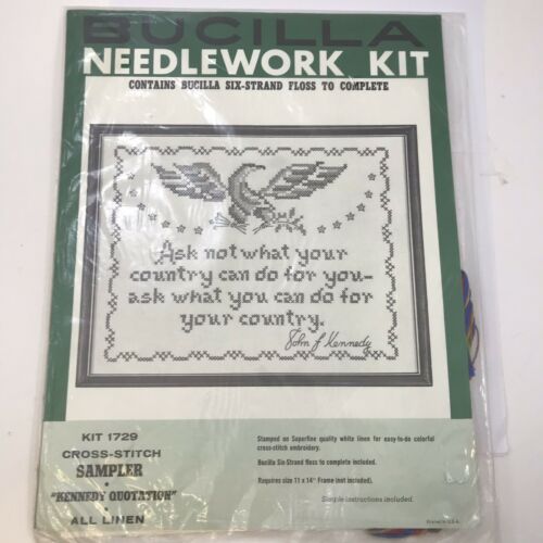 Vintage Bucilla Sampler Kit 1729 John Kennedy Quote Cross Stitch Linen Patriotic
