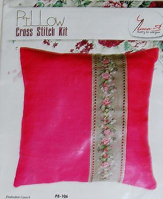 NEW ANCHOR  LUCA-S FLORAL BAND PINK PILLOW  COUNTED CROSS STITCH KIT