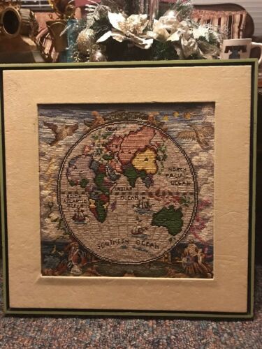 vintage eastern Hemisphere world figure hand embroidered needlepoint art ships