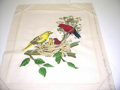 VTG HAND STITCHED CREWEL COMPLETE NATURE SCENE SCARLET TANAGERS FAMILY WALL ART