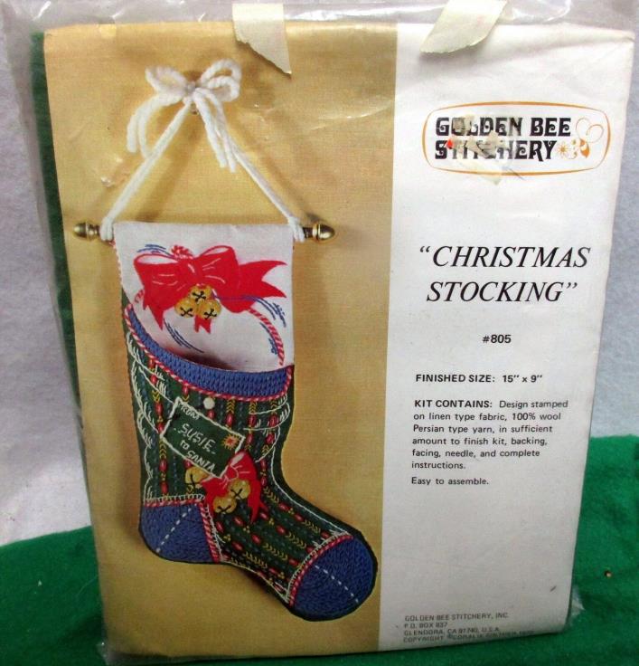 Vintage Golden Bee Stitchery CHRISTMAS STOCKING Crewel Stitchery Kit- 1978