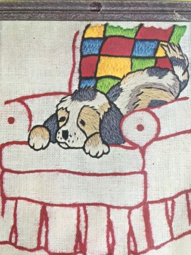 Vintage Puppy on Chair with Crochet Afghan Crewel Kit  Sealed 4.5x5.5 With Frame