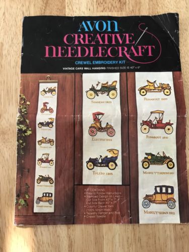 Avon Creative Needlecraft Vintage Crewel Embroidery Kit Vintage Cars Hanging