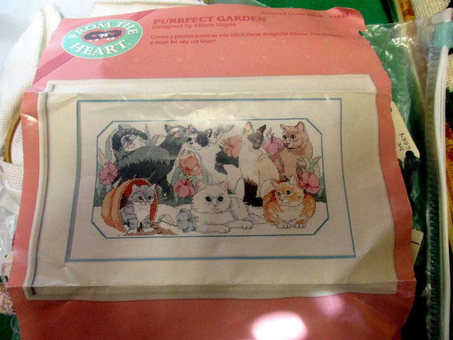 From The Heart~Purrfect Garden~CATS!~CountedCross Stitch Kit~Partly done.17
